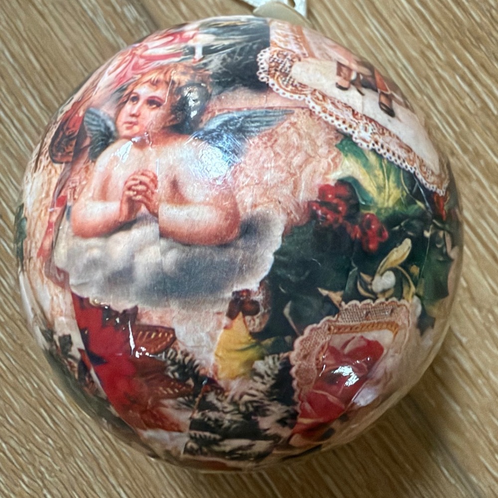 Vintage Victorian Style Decoupage Christmas Ornament Cherubs Roses Ribbon Bow